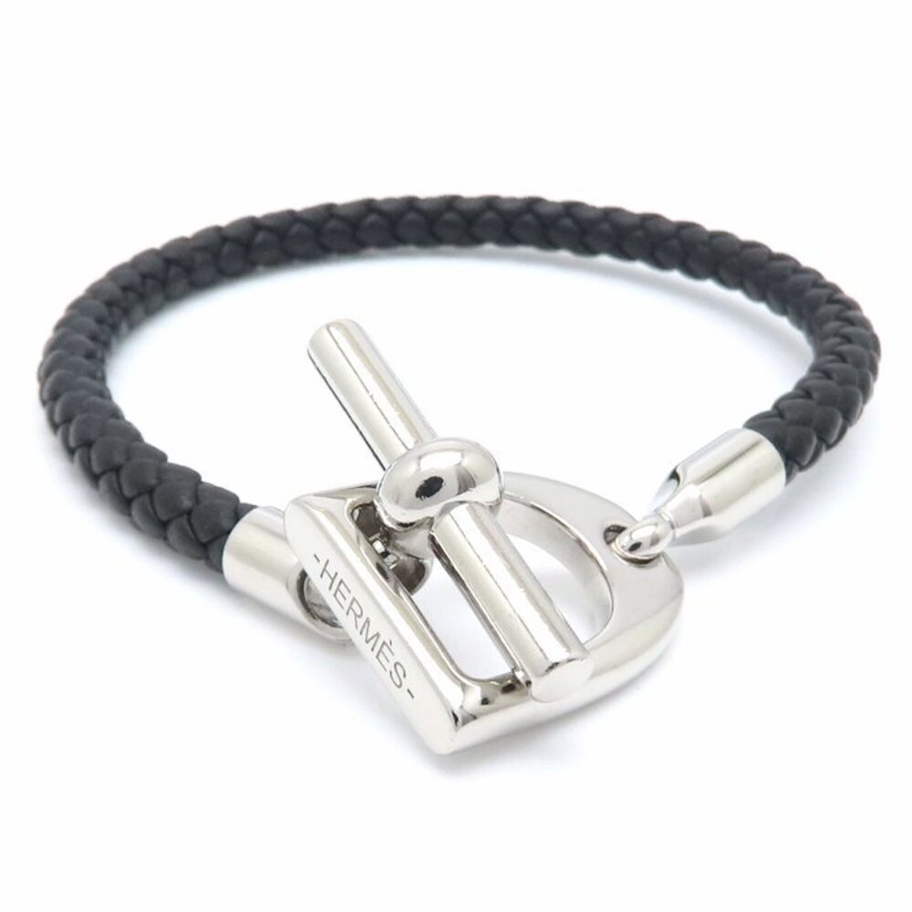 HERMES Etrier Bracelet, Silver Plated x Veau Swift Leather, Women's, 295984